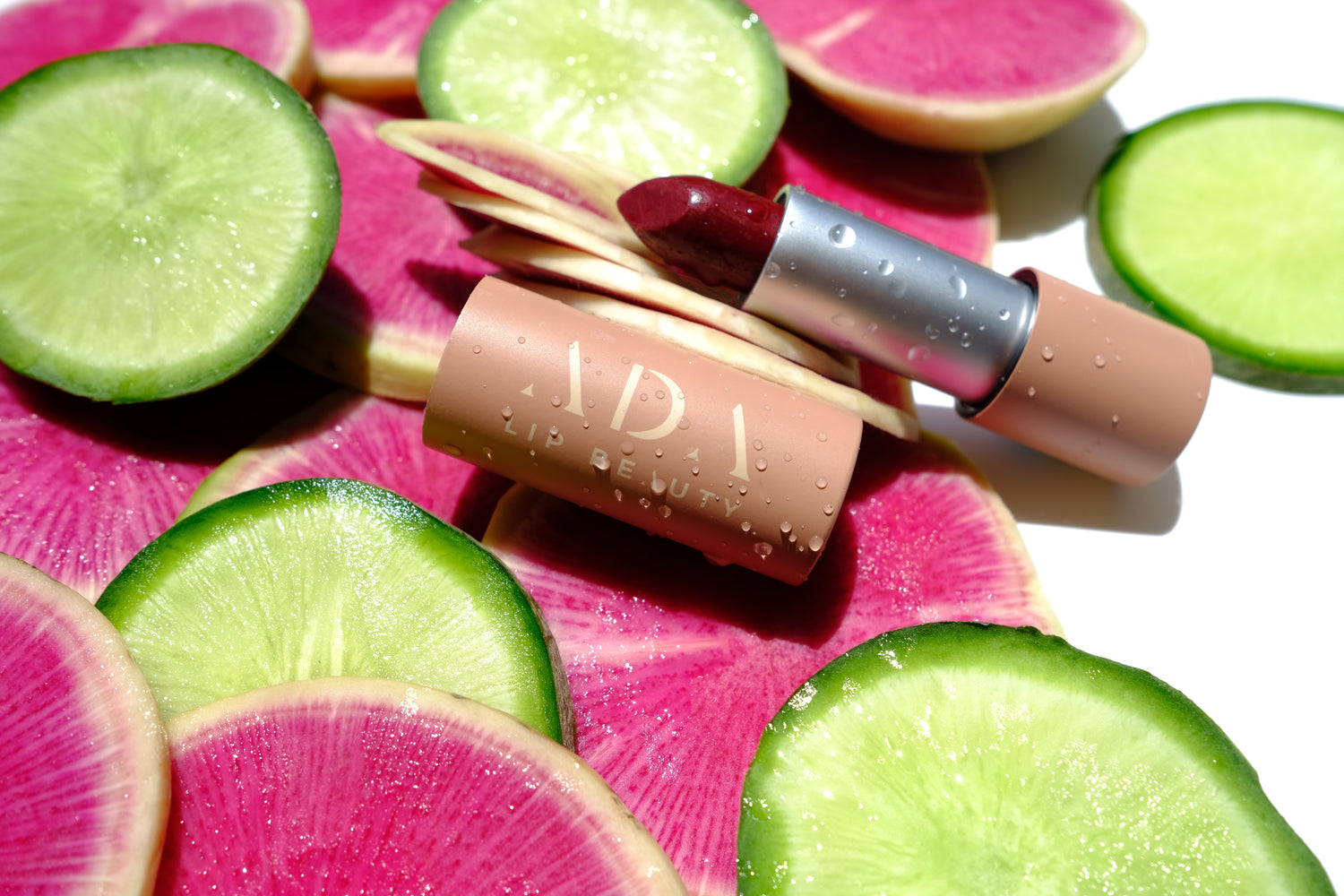 natural, clean, vegan lipstick pigmented with vegetables like beets, potatoes, turmeric, spirulina, and radish. Plant-based and nontoxic makeup 